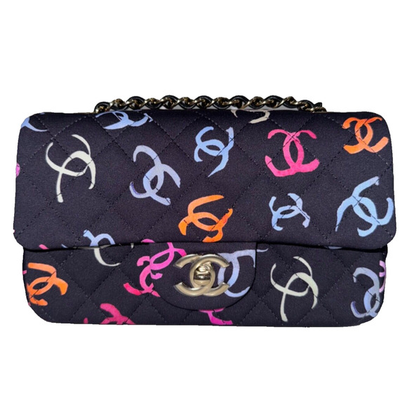 Chanel 24S Navy Blue Printed Logo Mini Flap Rectangle CC Shoulder Crossbody Bag - Picture 1 of 16
